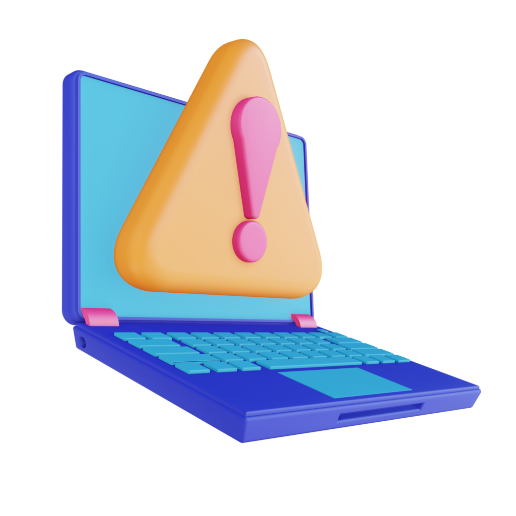 Illustration d'un ordianateur portable bleau avec un panneau triangulaire orange avec un point d'exclamation