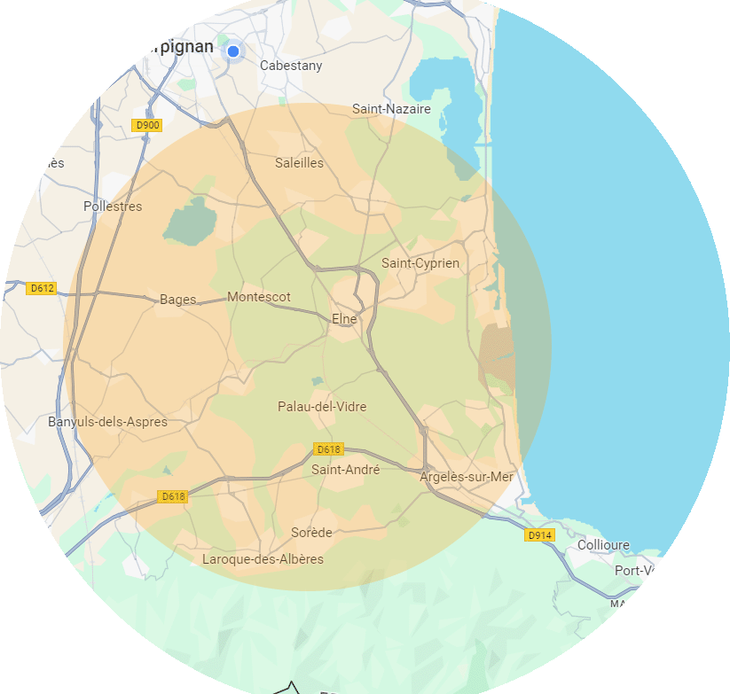 Carte de la région des pyrénées orientales en couleur. On voit la ville de argelès-sur-mer et un cercle de environs 20 kilomètres autour. Villes d'intervention de Clik@dom
